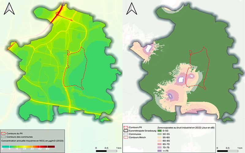 Parc d'Innovations d'Illkirch : pollution de l'air (NO2) et exposition au bruit industriel
